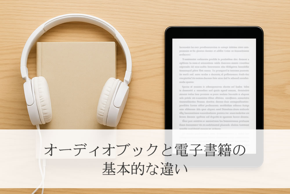 オーディオブック用イヤホンと電子書籍用タブレット