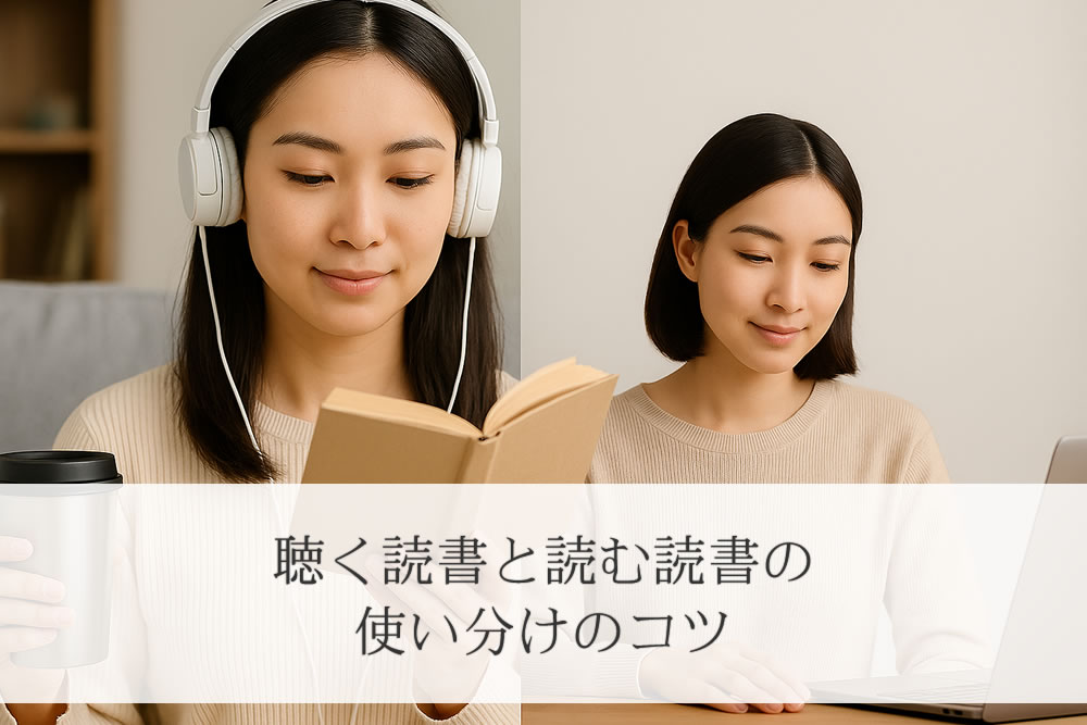 聴く読書と読む読書をしてる女性