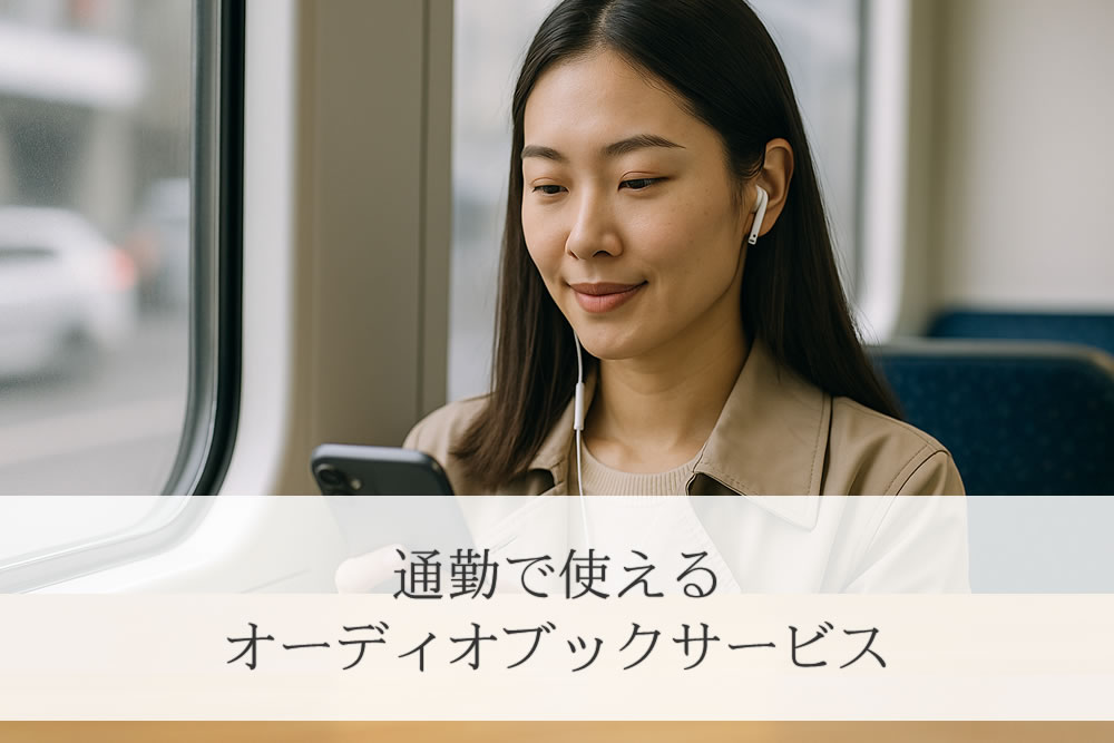 通勤バスでオーディオブックを聴く女性