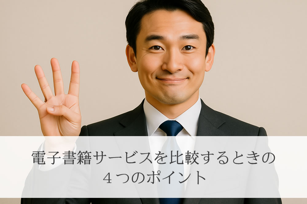 電子書籍サービス選びの4ポイントを説明する人