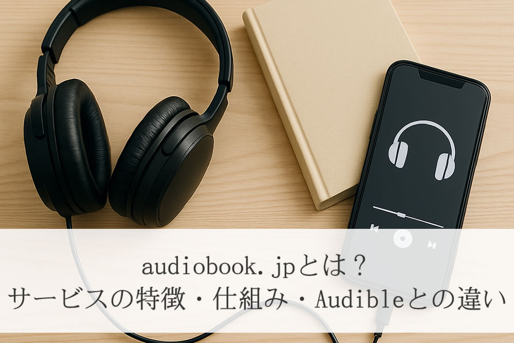 audiobook.jpのアプリ画面とヘッドホン