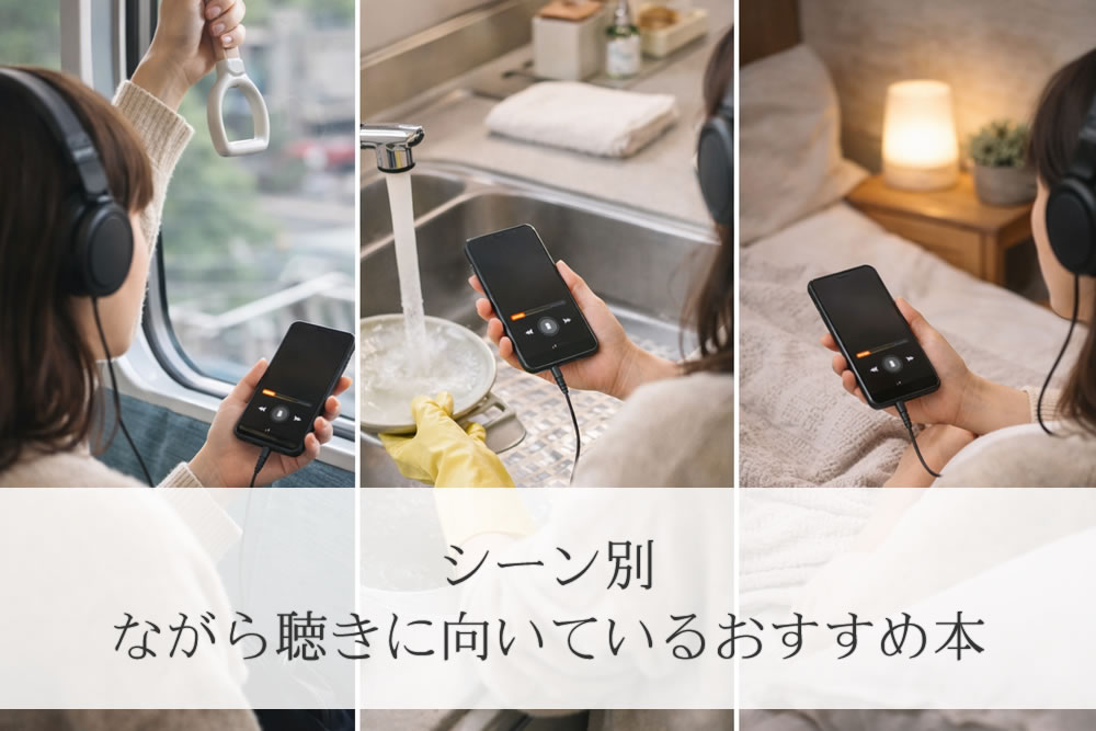 通勤や家事などでオーディブルを見てる女性